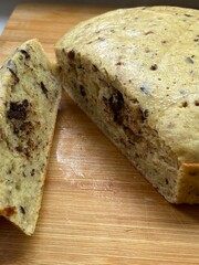 sliced banana bread with chocolate on a cutting board