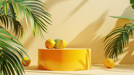 Yellow podium in a summer-themed 3D scene, perfect for product display with tropical palm leaves and a minimalist approach