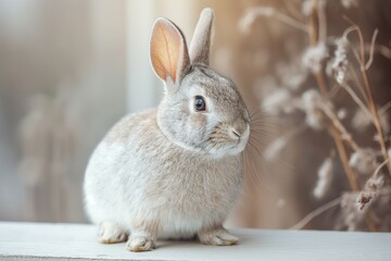 A cute fluffy rabbit looking sideways with a soft background.