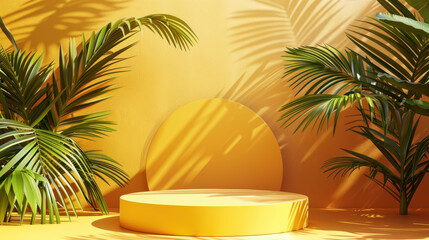 Fototapeta premium Yellow podium in a summer-themed 3D scene, perfect for product display with tropical palm leaves and a minimalist approach