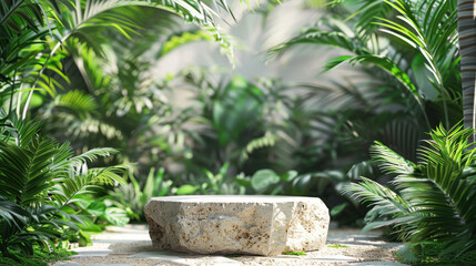 Tropical stone pedestal surrounded by vibrant green foliage and white trees for product display