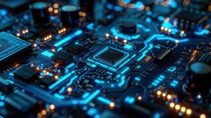 Fototapeta premium Close-up of a vibrant blue circuit board, showcasing intricate electronic components and glowing lights, perfect for technology themes.