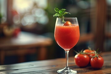 A refreshing glass of freshly squeezed tomato juice, surrounded by ripe tomatoes and basil leaves, embodying health and natural goodness.