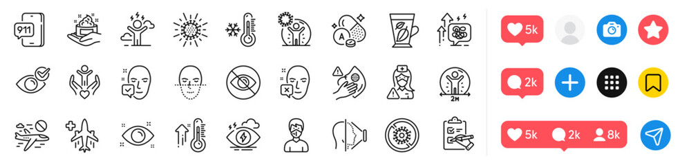 Fototapeta premium Not looking, Vitamin a and Stop coronavirus line icons pack. Social media icons. Health eye, Dirty mask, Difficult stress web icon. Medical flight, Coronavirus protection, Face id pictogram. Vector