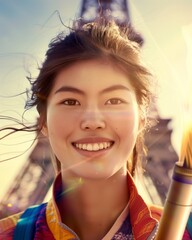 Asian Woman Athlete Smiling Olympic Torch Eiffel Tower Paris Celebration Success