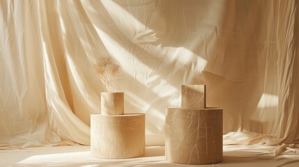 Abstract Beige Cylinders and Dried Flowers on Fabric
