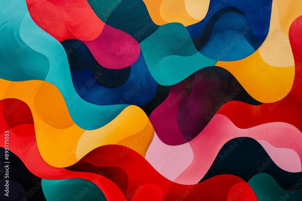 Poster An eye-catching abstract image featuring bold, colorful waves with rich, multi-tonal hues, creating a mesmerizing and dynamic visual experience. Perfect for art lovers.