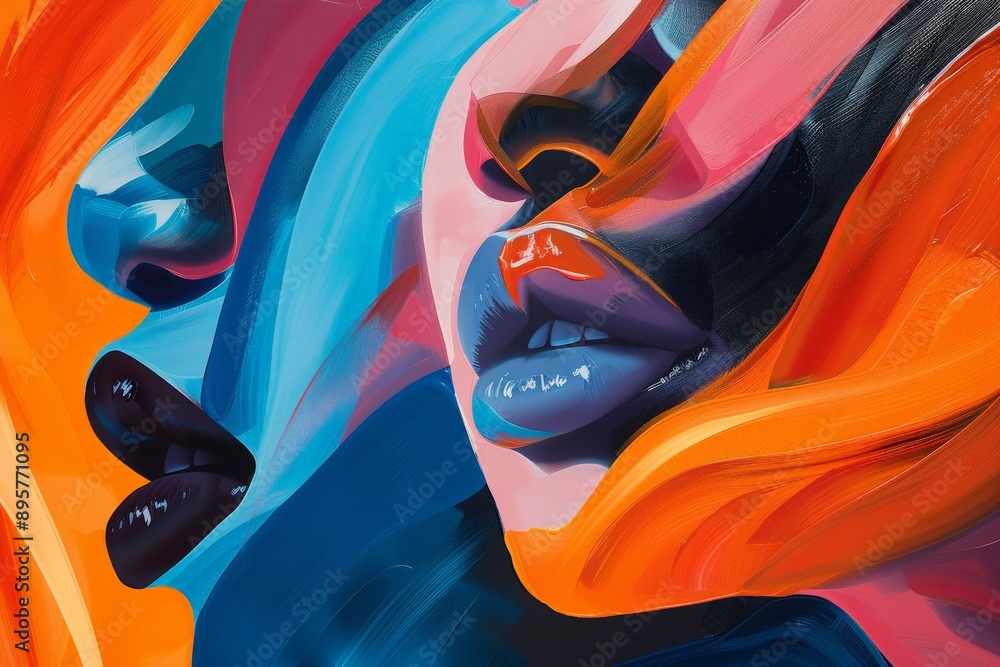 Aufkleber A striking abstract image featuring faces rendered in vivid, energetic colors and fluid forms, blending elements of realism and abstraction. A captivating addition to any space.