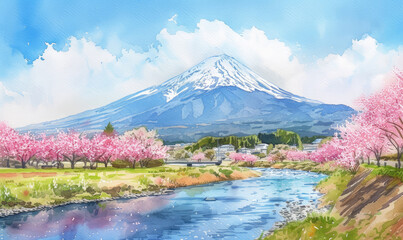 Fototapeta premium Watercolor Fuji mountain and Pink Sakura Trees along Uruigawa River in Spring, Fujinomiya, Shizuoka, Japan