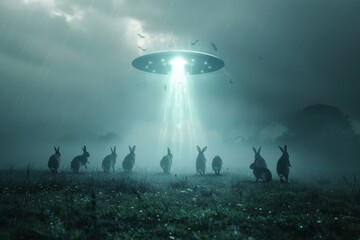 A group of rabbits are transfixed by a UFO beaming light down into a misty field during a rainy night, creating a mysterious and captivating scene filled with wonder and curiosity.