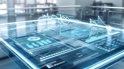 high-tech budget analysis setup with a transparent interactive table, where financial data floats above the surface, allowing for hands-on manipulation and review