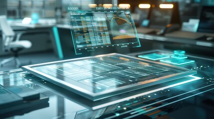 high-tech budget analysis setup with a transparent interactive table, where financial data floats above the surface, allowing for hands-on manipulation and review