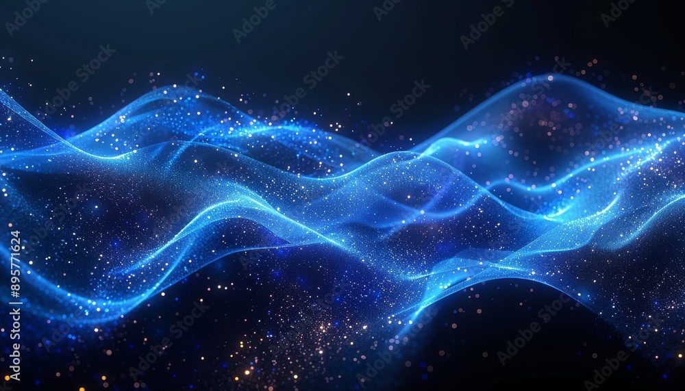 Poster abstract ai technology background with blue waves and particles. futuristic digital design