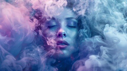 Woman's Face Amidst Pink and Blue Smoke