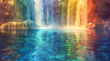 Rainbow Waterfall into a Crystal Lake: A waterfall cascades in a spectrum of colors into a crystal-clear lake reflecting the sky’s gradient of hues.


