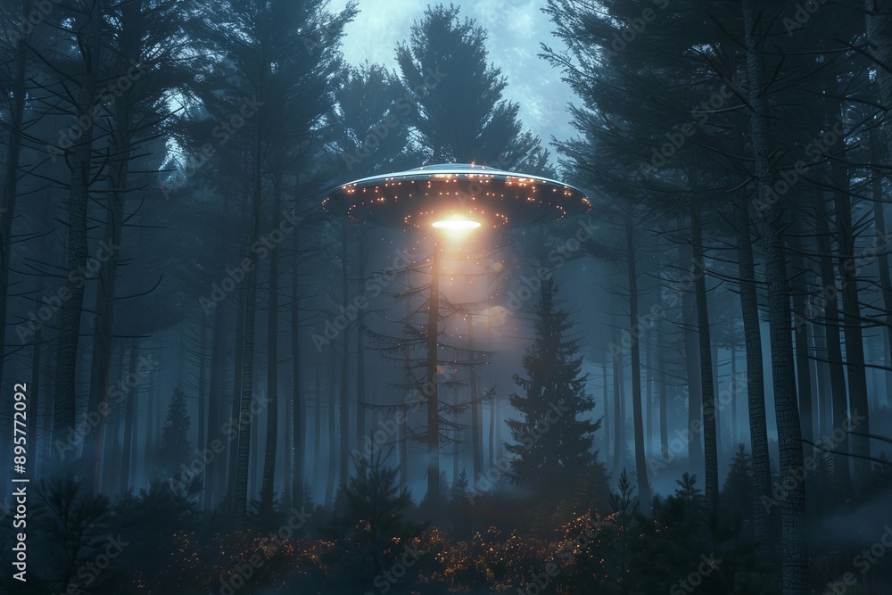 Poster a luminous ufo is visibly hovering amidst a misty, densely wooded forest, casting light beams throug