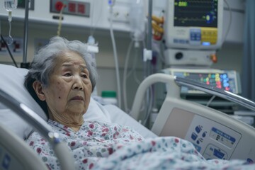 Obraz premium An elderly woman lies in a hospital bed with a pensive calm expression, surrounded by medical equipment in a care facility. The serene environment reflects tranquility and peace.