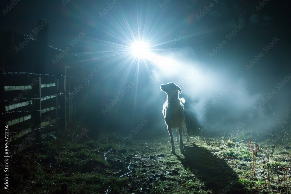 Aufkleber A dog stands in the spotlight at night with an intense beam of light shining down from above, creating a sense of wonder and intrigue in the dark, outdoor setting.