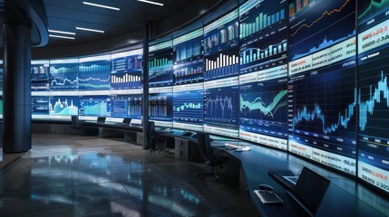 high-tech budget monitoring center, where analysts watch over financial flows on large, curved screens in a dark, modern environment