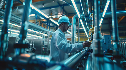 Fototapeta premium Close-up, manufacturing plant Workers producing sustainable materials Machinery in operation Indoor setting, industrial lighting