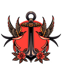 swallows and anchor tattoo illustration design