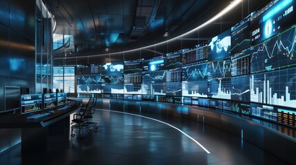 Fototapeta premium high-tech budget monitoring center, where analysts watch over financial flows on large, curved screens in a dark, modern environment