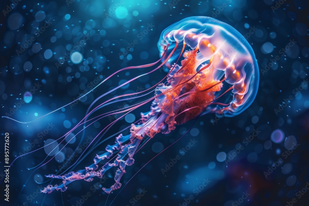 Poster an illuminated jellyfish with vibrant, bioluminescent colors glides gracefully through the deep blue