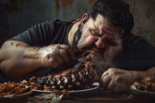 An individual is passionately consuming barbecued ribs using their hands with visible determination, highlighting the deep enjoyment and primal satisfaction of eating hearty, flavorful food.