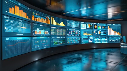 high-tech control room with multiple screens, each showing different aspects of a national budget, managed by interactive touch commands