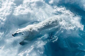 An overhead shot capturing a polar bear swimming through remarkably clear, icy waters, highlighting the bear's streamlined form and the pristine clarity of its Arctic environment.