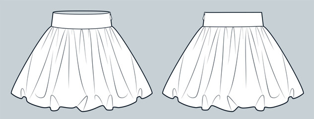 Ballon Skirt technical fashion illustration. Mini Skirt fashion flat technical drawing template, side zipper, front and back view, white, women CAD mockup.
