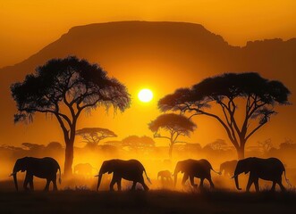 Fototapeta na wymiar Elephants Silhouetted Against Sunset in African Savanna