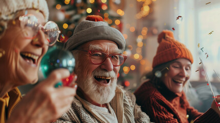 copy space, stockphoto, senior friends celebrating new year. Elderly friend on a new year party, toasting with bubbles on the new year. Healthy, active elderly people.