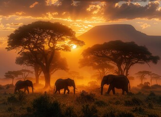 Fototapeta premium African Sunset Elephants