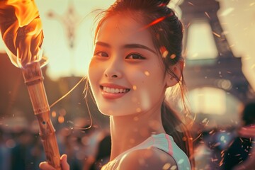Asian Woman Athlete Smiling Holding Olympic Torch Eiffel Tower Paris Sunset Celebration Success