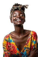 Fototapeta premium Happy female African model alone against transparent background
