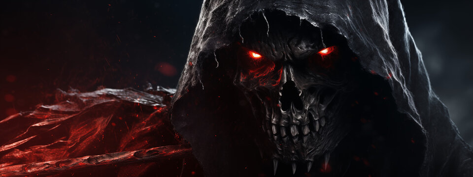 Sinister Skull with Red Glowing Eyes and Tattered Cloak