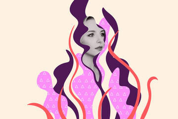 Creative collage image young pretty woman face blossom nature environment skincare salon spa beauty care drawing background