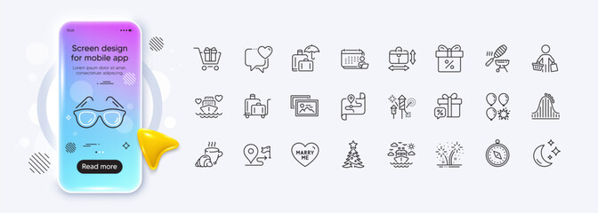 Handbag size, Sale gift and Ship travel line icons for web app. Phone mockup gradient screen. Pack of Accounting, Christmas tree, Fireworks rocket pictogram icons. Vector