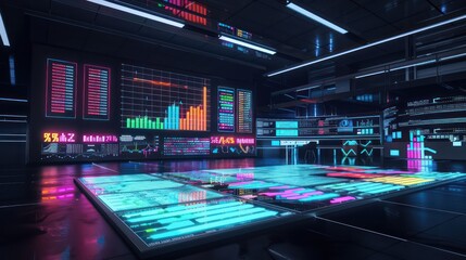 high-tech financial analysis center with a large interactive floor map displaying live budget data for various departments, glowing in different colors