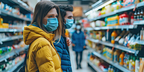 Social Distance: People wearing masks and gloves, standing far apart in a grocery store aisle