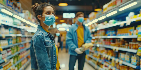Fototapeta premium Social Distance: People wearing masks and gloves, standing far apart in a grocery store aisle