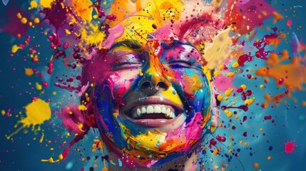 abstract portrait of a woman composed of vibrant paint splatters joyful expression emerges from a kaleidoscope of colors symbolizing creativity mental wellbeing and selfexpression