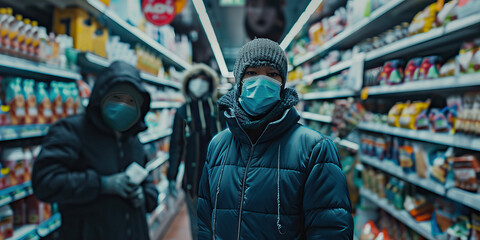 Social Distance: People wearing masks and gloves, standing far apart in a grocery store aisle