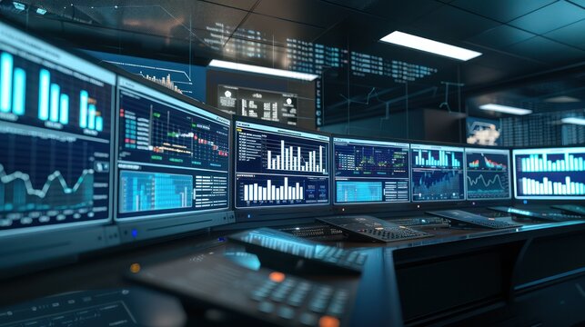 high-tech financial control center with screens displaying complex budget algorithms and simulations in a dynamic, interactive format
