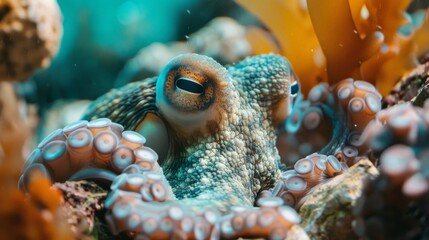 A close-up of an octopus camouflaging itself among rocks and coral