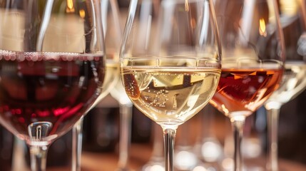 A close-up of wine glasses filled with different types of red and white wines