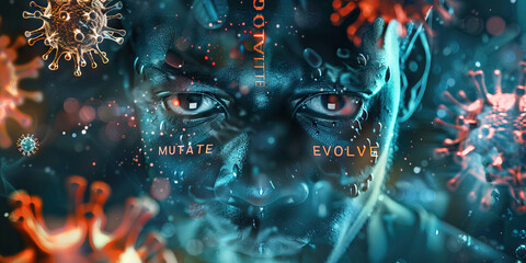 Viral Transformation: A microscopic virus image, with words like "MUTATE" and "EVOLVE" superimposed.