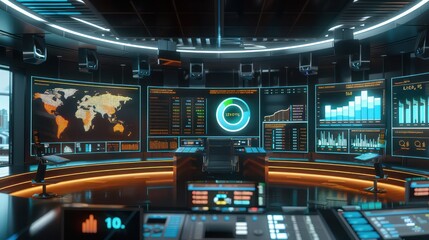 high-tech financial monitoring station with augmented reality displays showing live budget performance across different departments in a large corporation