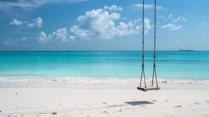 A tranquil tropical beach backdrop features a beach swing or hammock, white sand, and a serene sea, ideal for relaxation and summer holidays. Bahamas